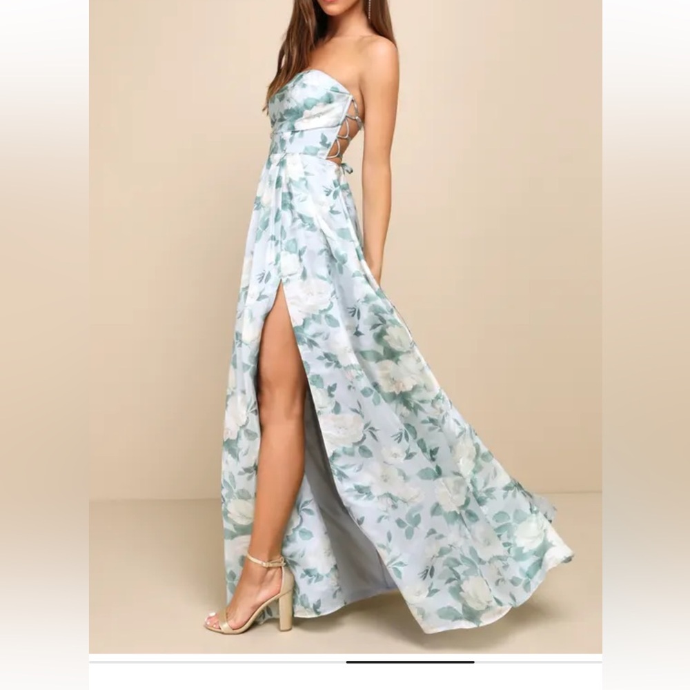 Blue and White floral Strapless dress with tied back and slit